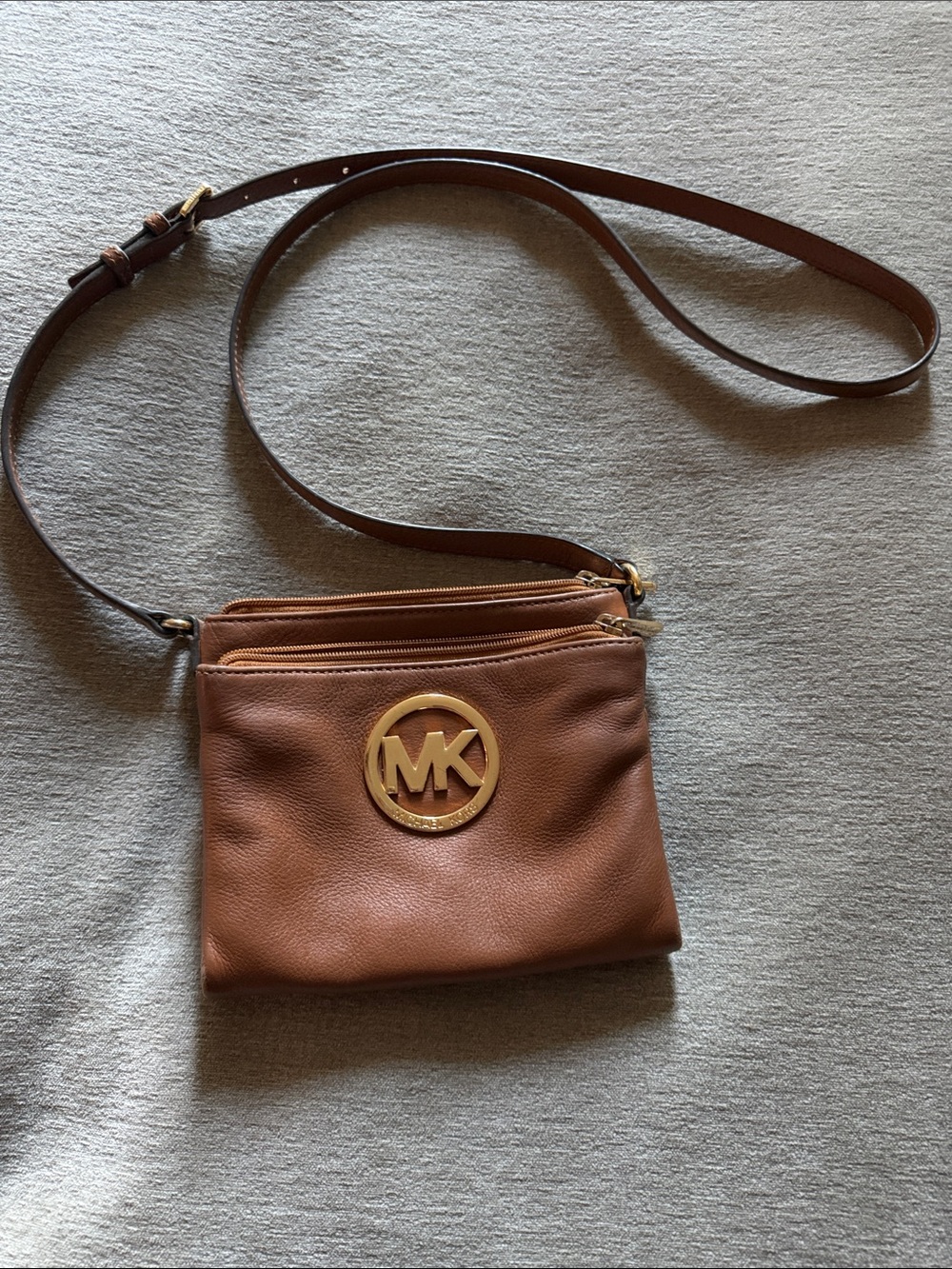Michael Kors Chestnut Brown Pebbled Leather Crossbody with Gold MK Emblem